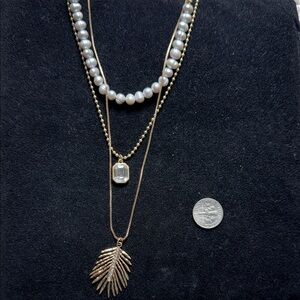 Tommy Bahama Gold Layered Necklace with White Pearls and Leaf Pendant